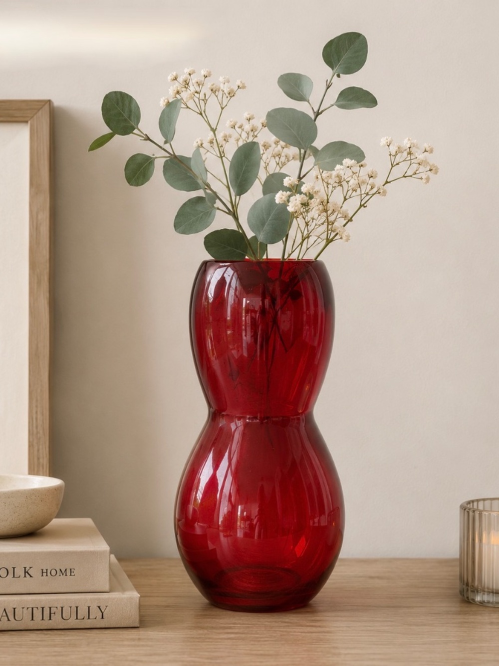 Vintage Ruby Red Hand-Blown Glass Gourd Vase MCM Pontil Mark 9"
